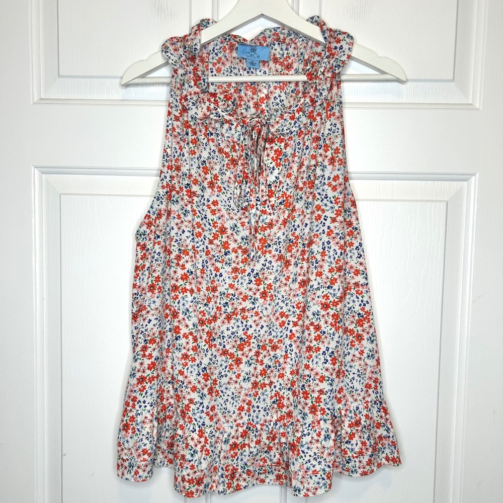 CeCe Floral Ruffle Tie Neck Sleeveless Blouse Top XL